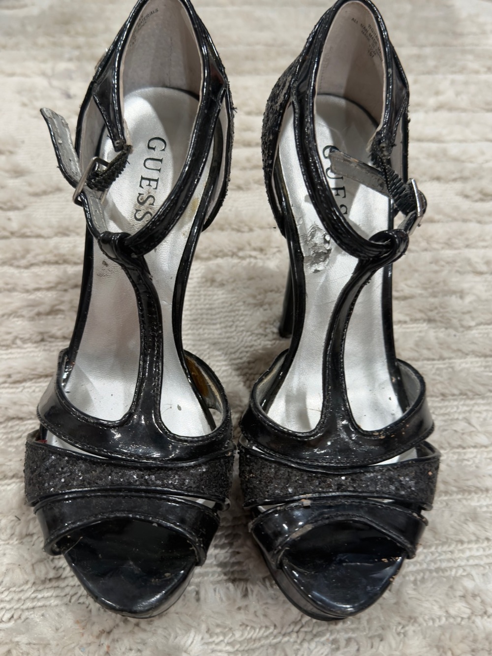 GUESS Black Patent T-Strap Peep Toe Heels with Glitter Accents